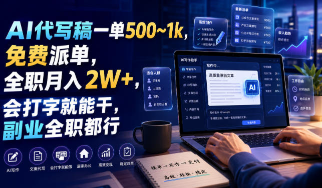 AI代写稿一单500~1k，免费派单，全职月入2W+，会打字就能干，副业全职都行【揭秘】-如意资源库