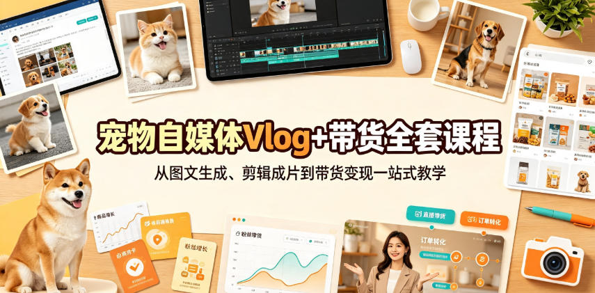 宠物自媒体Vlog+带货全套课程｜从图文生成、剪辑成片到带货变现一站式教学-如意资源库