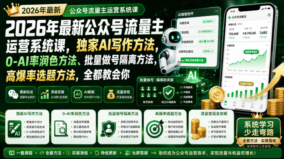 2026年最新公众号流量主运营系统课，独家AI写作方法，0-AI率润色方法、批量做号隔离方法、高爆率选题方法，全都教会你-如意资源库