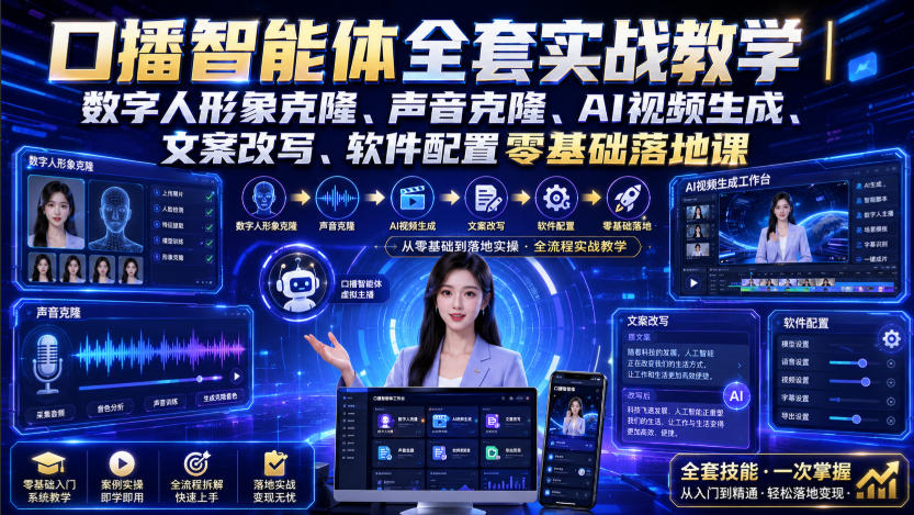 口播智能体全套实战教学｜数字人形象克隆、声音克隆、AI视频生成、文案改写、软件配置零基础落地课-如意资源库