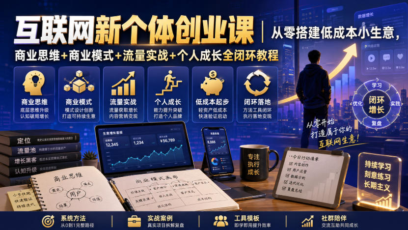 互联网新个体创业课｜从零搭建低成本小生意，商业思维+商业模式+流量实战+个人成长全闭环教程-如意资源库