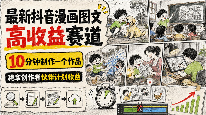 最新抖音漫画图文高收益赛道，10分钟制作一个作品，稳拿创作者伙伴计划收益-如意资源库