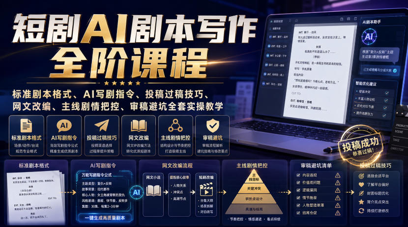 短剧AI剧本写作全阶课程｜标准剧本格式、AI写剧指令、投稿过稿技巧、网文改编、主线剧情把控、审稿避坑全套实操教学-如意资源库