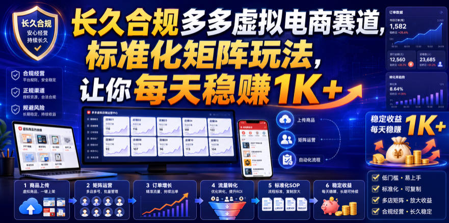 长久合规多多虚拟电商赛道，标准化矩阵玩法，让你每天稳賺1K+【揭秘】-如意资源库