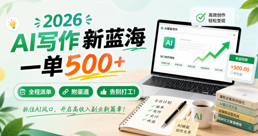 2026 AI写作新蓝海，一单500+，全程派单，附渠道，告别打工！【揭秘】-如意资源库