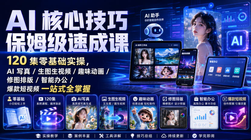 AI核心技巧保姆级速成课｜120集零基础实操，AI写真/生图生视频/趣味动画/修图排版/智能办公/爆款短视频一站式全掌握（更新）-如意资源库