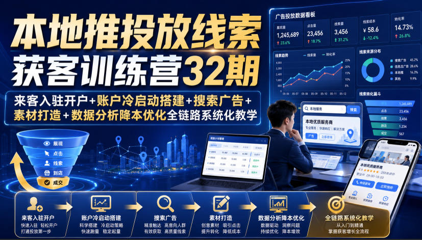 本地推投放线索获客训练营32期｜来客入驻开户+账户冷启动搭建+搜索广告+素材打造+数据分析降本优化全链路系统化教学（8月全新课程）-如意资源库