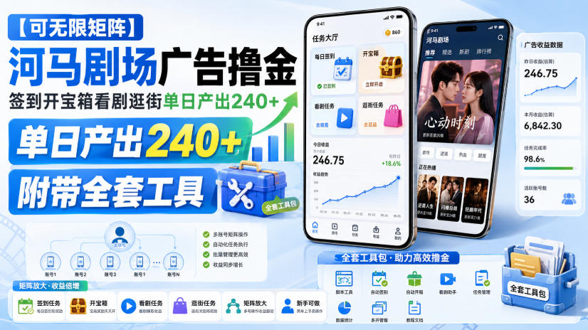【可无限矩阵】河马剧场广告撸金，签到开宝箱看剧逛街单日产出240+，附带全套工具【揭秘】-如意资源库