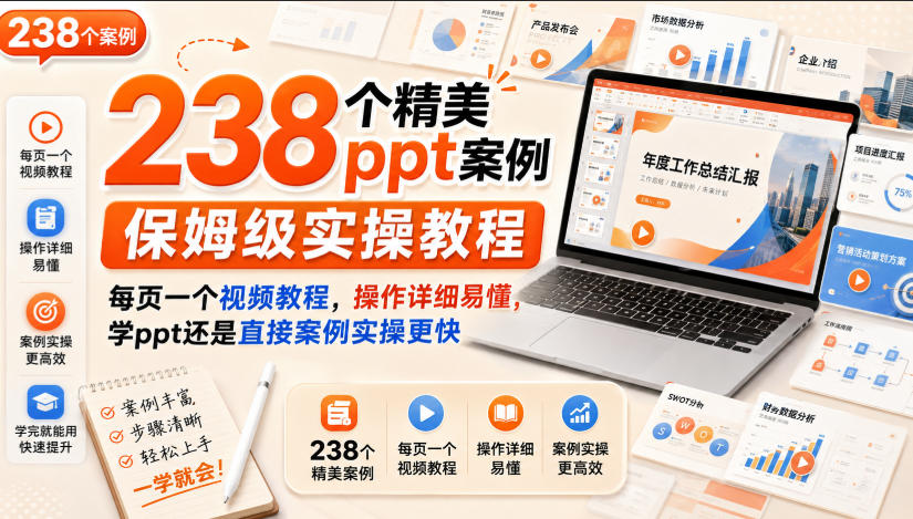 238个精美ppt案例保姆级实操教程,每页一个视频教程,操作详细易懂,学ppt还是直接案例实操更快