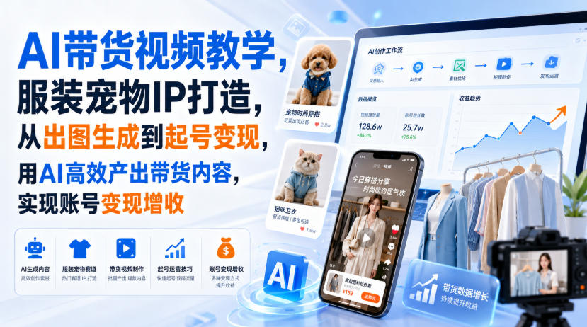AI带货视频教学，服装宠物IP打造，从出图生成到起号变现，用AI高效产出带货内容，实现账号变现增收-如意资源库