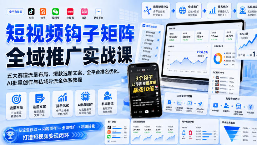 短视频钩子矩阵全域推广实战课｜五大赛道流量布局、爆款选题文案、全平台排名优化、AI批量创作与私域导流全体系教程-如意资源库