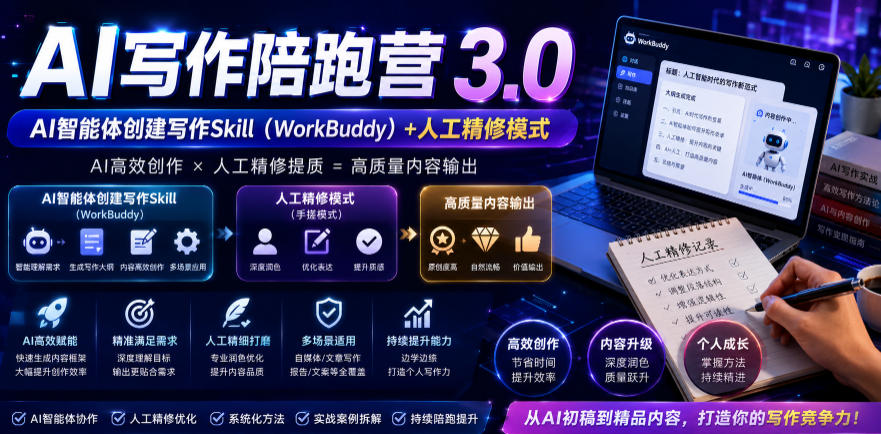 AI写作陪跑营3.0，Ai智能体创建写作skill（workbuddy）+人工手写模式（手搓模式），去除AI痕迹（头条号、公众号、百家号）（更新0730）