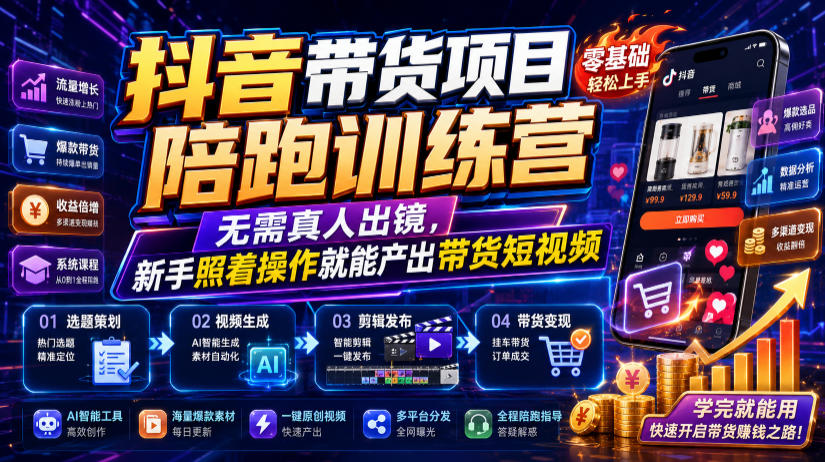 抖音带货项目陪跑训练营，无需真人出镜，新手照着操作就能产出带货短视频（更新0811）-如意资源库