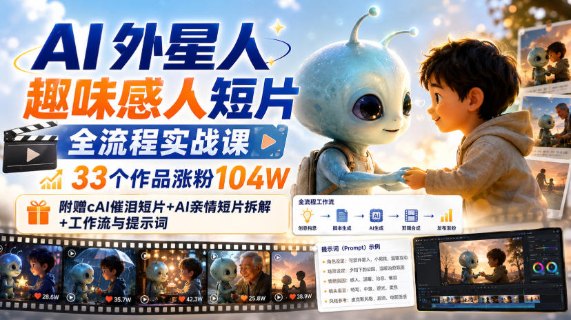 AI外星人趣味感人短片全流程实战课，33个作品涨粉104W，附赠AI催泪短片+AI亲情短片拆解+工作流与提示词-如意资源库