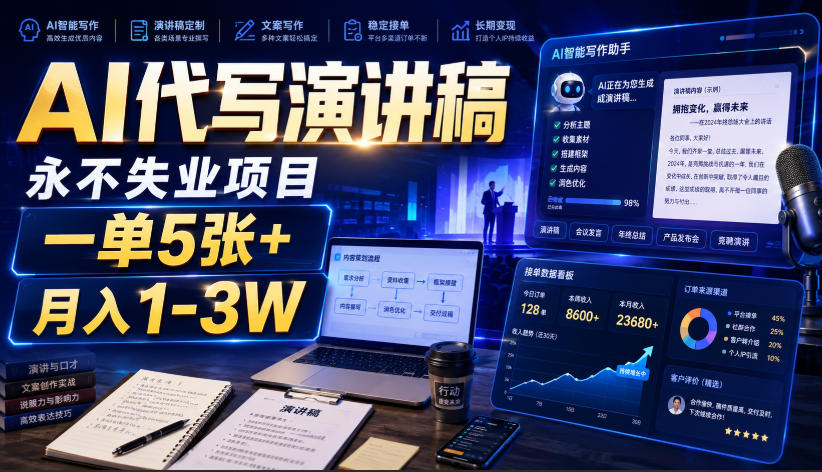 AI代写演讲稿，永不失业项目，一单5张+，月入1-3W【揭秘】-如意资源库