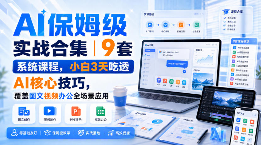 AI保姆级实战合集｜9套系统课程，小白3天吃透AI核心技巧，覆盖图文视频办公全场景应用-如意资源库