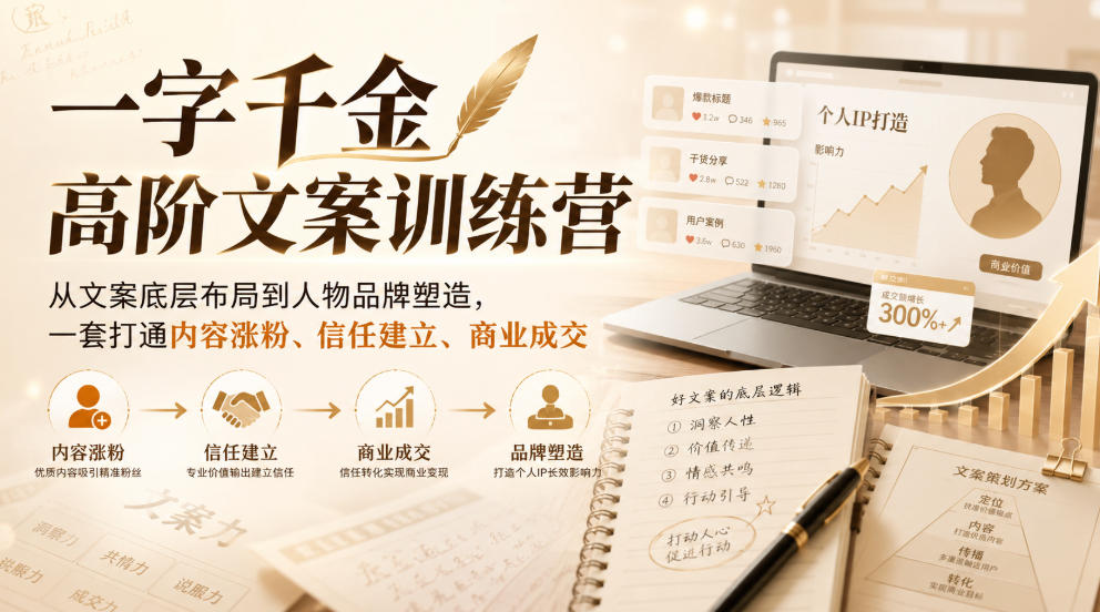一字千金高阶文案训练营，从文案底层布局到人物品牌塑造，一套打通内容涨粉、信任建立、商业成交-如意资源库