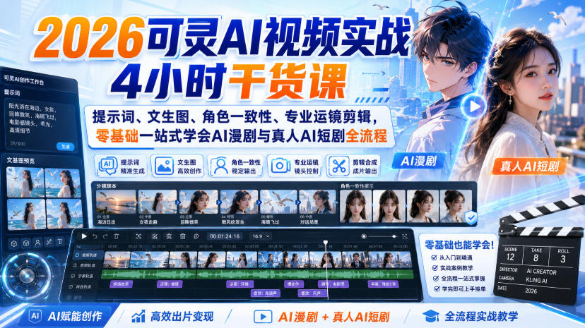 2026可灵AI视频实战4小时干货课｜提示词、文生图、角色一致性、专业运镜剪辑，零基础一站式学会AI漫剧与真人AI短剧全流程-如意资源库