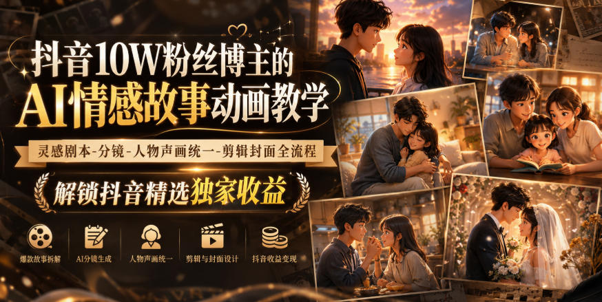 抖音10W粉丝博主的AI情感故事动画教学，灵感剧本‑分镜‑人物声画统一‑剪辑封面全流程，解锁抖音精选独家收益-如意资源库