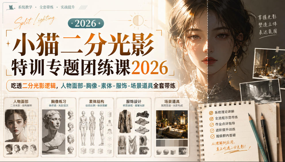 小猫二分光影特训专题团练课2026｜吃透二分光影逻辑，人物面部‑胸像‑素体‑服饰‑场景道具全套带练，高清画质附赠课件与笔刷-如意资源库