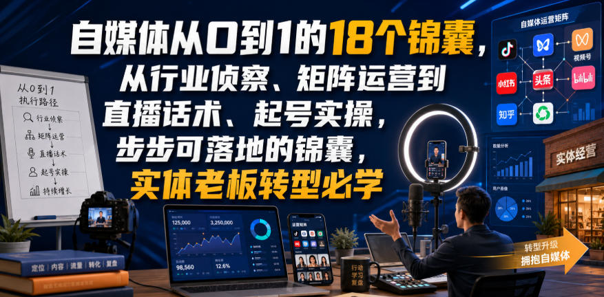 自媒体从0到1的18个锦囊，从行业侦察、矩阵运营到直播话术、起号实操，步步可落地的锦囊，实体老板转型必学-如意资源库