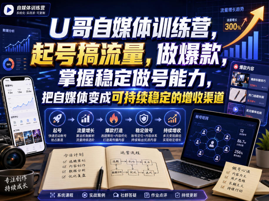 U哥自媒体训练营，起号搞流量，做爆款，掌握稳定做号能力，把自媒体变成可持续稳定的增收渠道-如意资源库