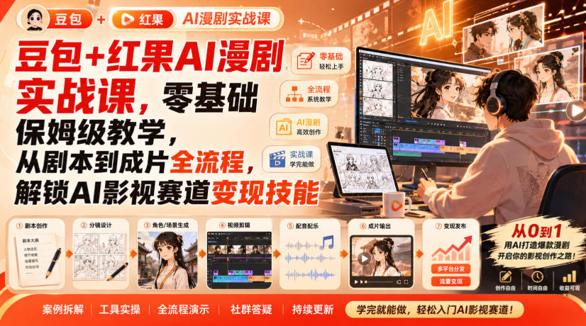 豆包+红果AI漫剧实战课，零基础保姆级教学，从剧本到成片全流程，解锁AI影视赛道变现技能-如意资源库