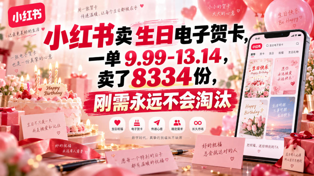 小红书卖生日电子贺卡，一单9.99-13.14，卖了8334份，刚需永远不会淘汰-如意资源库