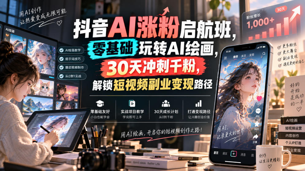 抖音AI涨粉启航班，零基础玩转AI绘画，30天冲刺千粉，解锁短视频副业变现路径-如意资源库