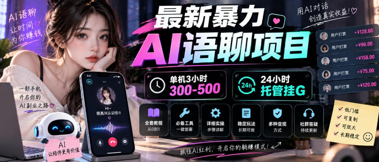 最新暴力AI语聊项目，单机3小时300-500，24小时托管挂G，附全套教程及工具【揭秘】-如意资源库