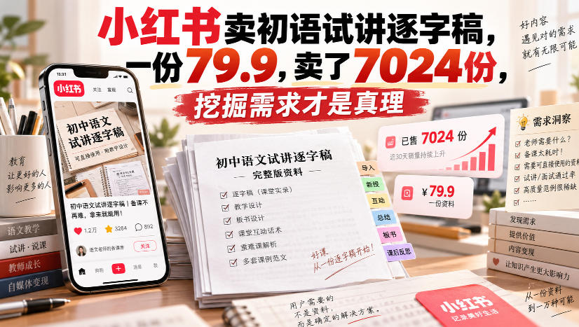 小红书卖初语试讲逐字稿，一份79.9，卖了7024份，挖掘需求才是真理-如意资源库