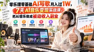 零乐理零基础AI写歌月入过1W，7天AI音乐变现实战课，把AI音乐做成被动收入副业-如意资源库