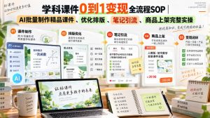 学科课件0到1变现全流程SOP｜AI批量制作精品课件、优化排版、笔记引流、商品上架完整实操​-如意资源库