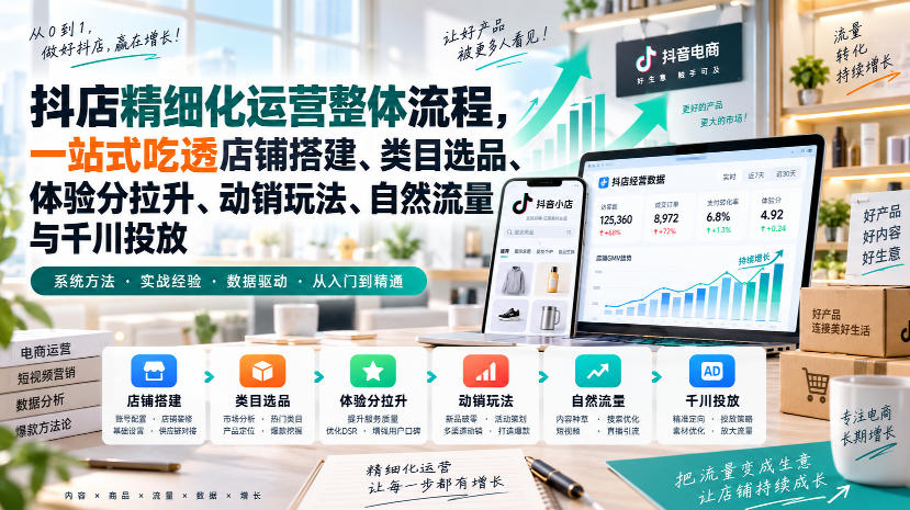李哥电商-抖店精细化运营整体流程，一站式吃透店铺搭建、类目选品、体验分拉升、动销玩法、自然流量与千川投放-如意资源库