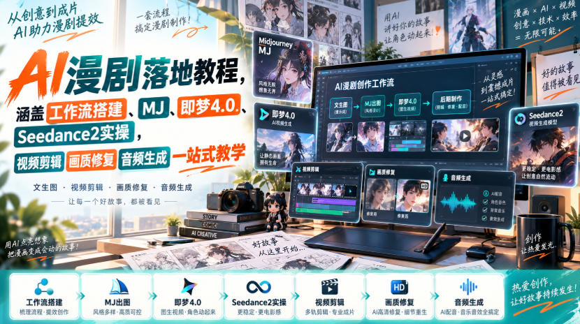 AI漫剧落地教程，涵盖工作流搭建、MJ、即梦4.0、Seedance2实操，视频剪辑画质修复音频生成一站式教学-如意资源库