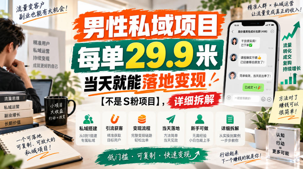 男性私域项目，每单29.9米，当天就能落地变现【不是S粉项目】，详细拆解-如意资源库