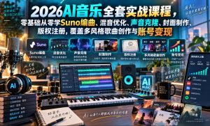 2026AI音乐实战课程，零基础从零学Suno编曲、混音优化、声音克隆、版权注册，覆盖多风格歌曲创作与账号变现（更新0921）-如意资源库