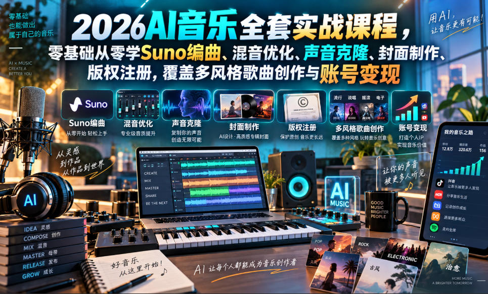 2026AI音乐实战课程，零基础从零学Suno编曲、混音优化、声音克隆、版权注册，覆盖多风格歌曲创作与账号变现（更新0921）-如意资源库