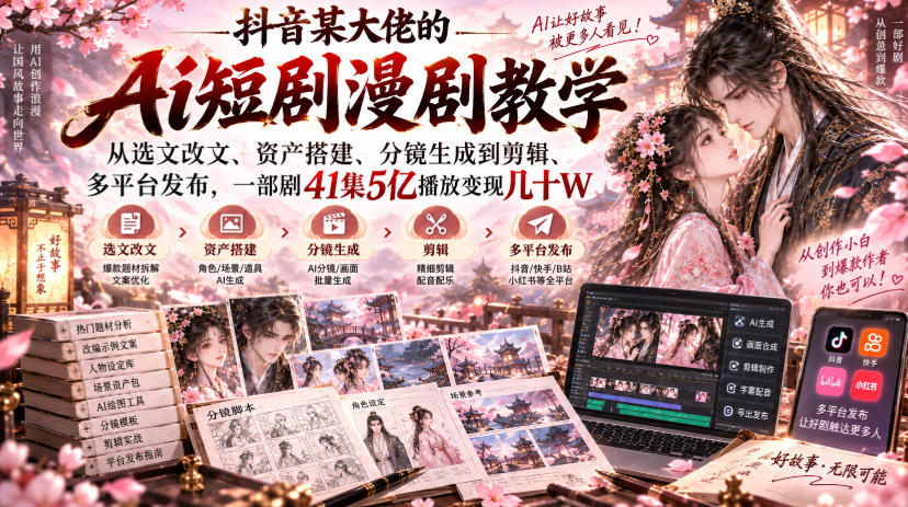 抖音某大佬的Ai短剧漫剧教学，从选文改文、资产搭建、分镜生成到剪辑、多平台发布，一部剧41集5亿播放变现几十W-如意资源库