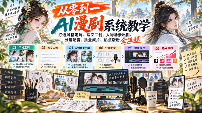 从零到一AI漫剧系统教学，打通风格定调、写文二创、人物场景出图、分镜配音、批量成片、热点涨粉全流程-如意资源库