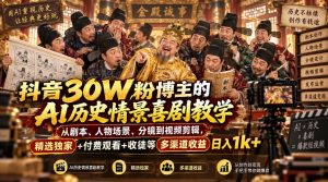 抖音30W粉博主的AI历史情景喜剧教学,从剧本、人物场景、分镜到视频剪辑,精选独家+付费观看+收徒等多渠道收益日入1k+-如意资源库