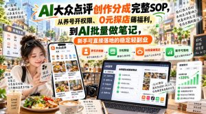 【无水印】AI大众点评创作分成完整SOP，从养号开权限、0元探店薅福利，到AI批量做笔记，新手可直接落地的稳定轻副业-如意资源库