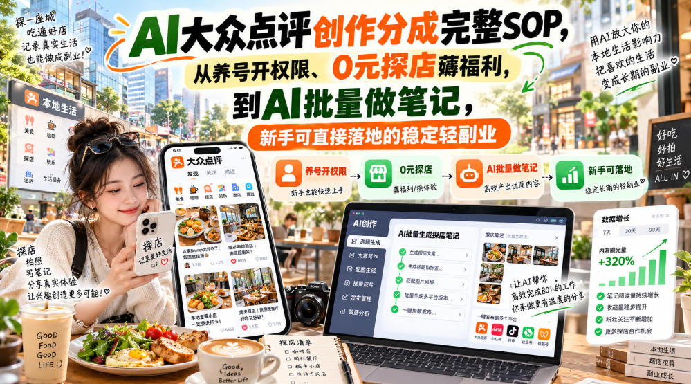 【无水印】AI大众点评创作分成完整SOP，从养号开权限、0元探店薅福利，到AI批量做笔记，新手可直接落地的稳定轻副业-如意资源库