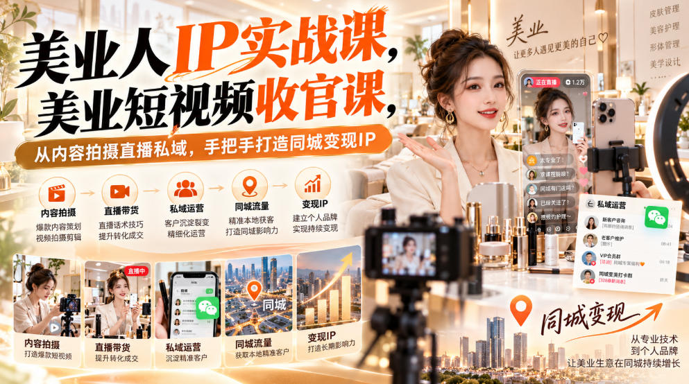 【无水印】美业人IP实战课，美业短视频收官课，从内容拍摄直播私域，手把手打造同城变现IP-如意资源库