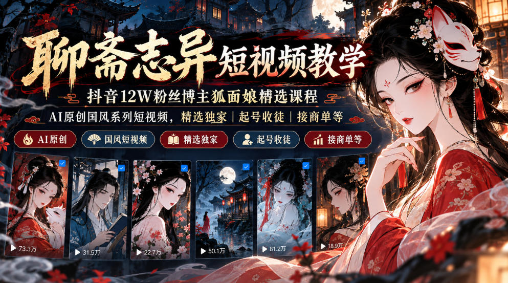 聊斋志异短视频教学，抖音12W粉丝博主狐面娘精选课程，AI原创国风系列短视频，精选独家丨起号收徒丨接商单等-如意资源库