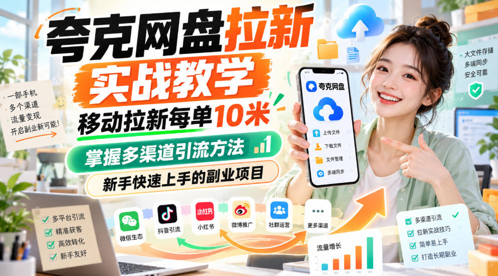 夸克网盘拉新实战教学，移动拉新每单10米，掌握多渠道引流方法，新手快速上手的副业项目-如意资源库