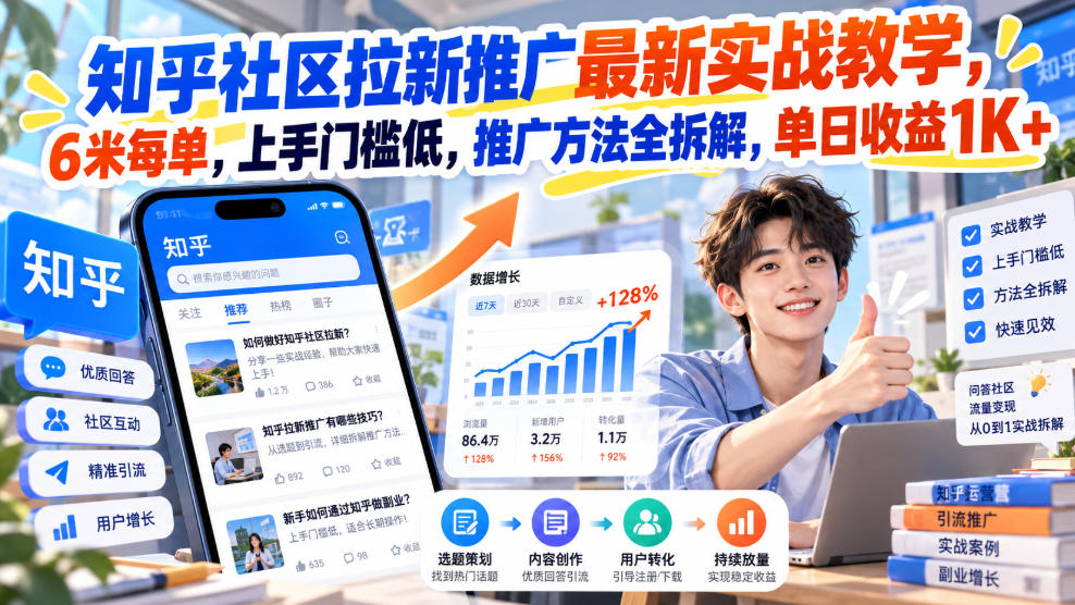知乎社区拉新推广最新实战教学，6米每单，上手门槛低，推广方法全拆解，单日收益1K+！-如意资源库