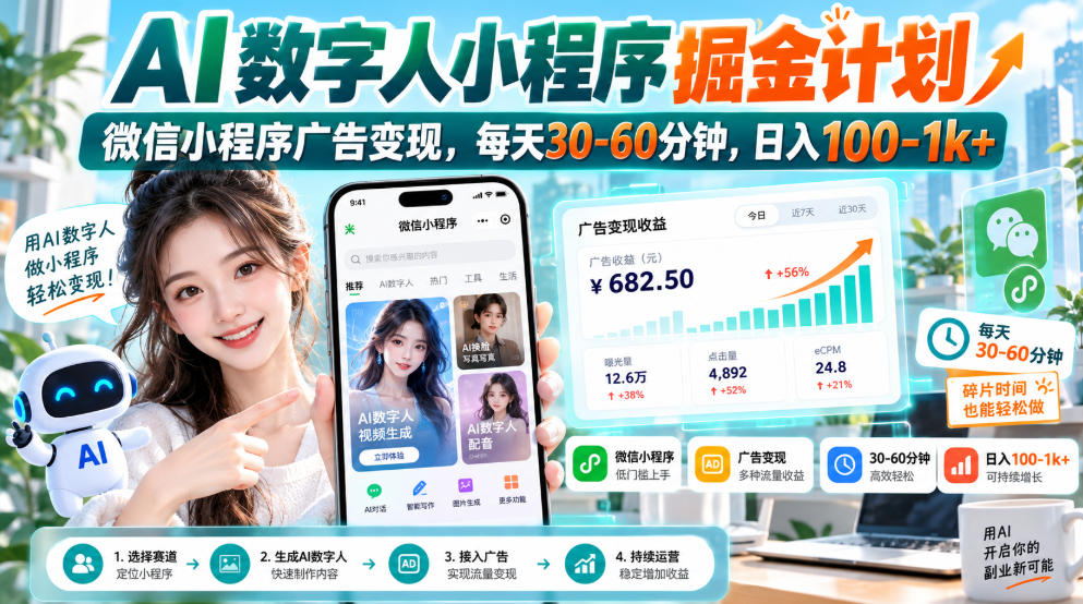 【无水印】AI数字人小程序掘金计划，微信小程序广告变现，每天30‑60分钟，日入100‑1k+-如意资源库