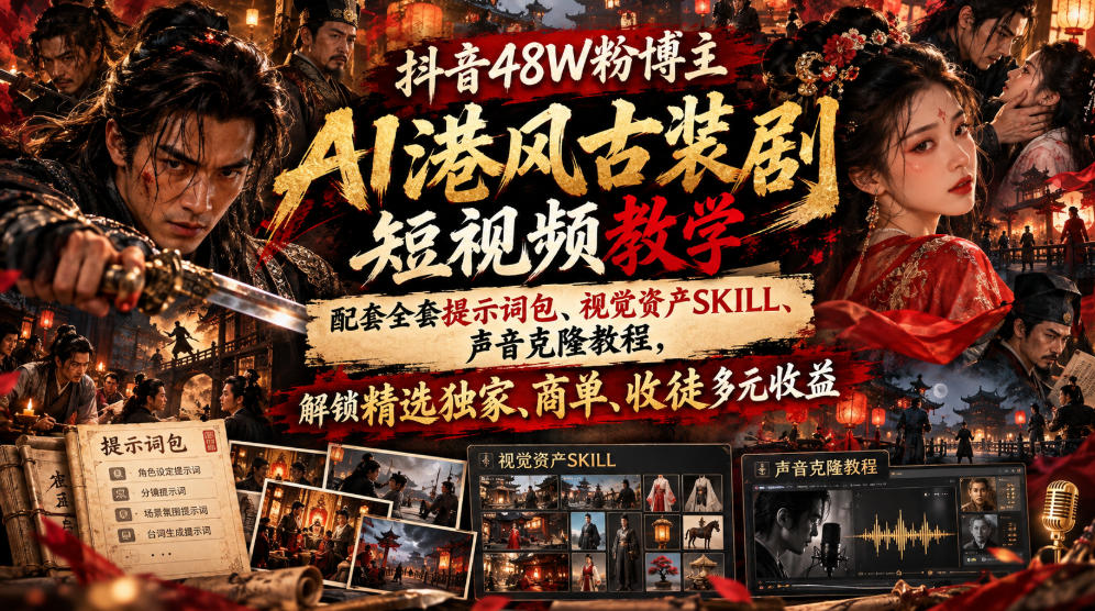抖音48W粉博主AI港风古装剧短视频教学，配套全套提示词包、视觉资产SKILL、声音克隆教程，解锁精选独家、商单、收徒多元收益-如意资源库