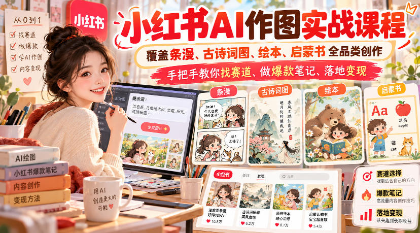 小红书AI作图实战课程，覆盖条漫、古诗词图、绘本、启蒙书全品类创作，手把手教你找赛道、做爆款笔记、落地变现-如意资源库